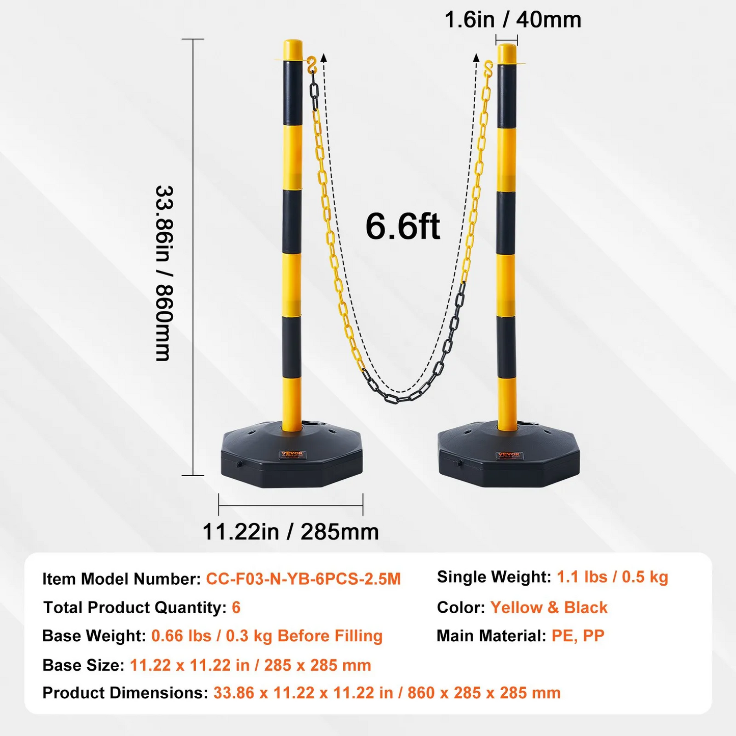 VEVOR Adjustable Traffic Delineator Post Cones, 6 Pack, Traffic Safety Delineator Barrier 8FT Chain-$50