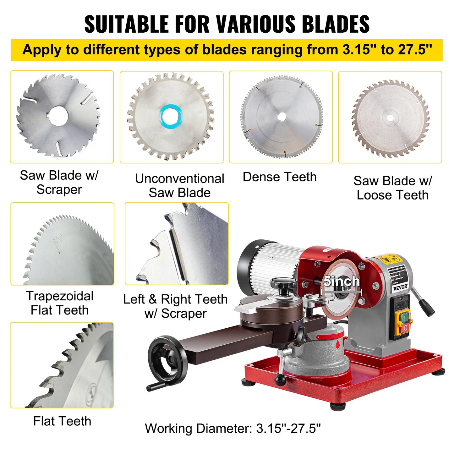 VEVOR Circular Saw Blade Sharpener 5\" Grinding Wheel Size, Rotary Angle Mill Grinding Machine 370W-$155