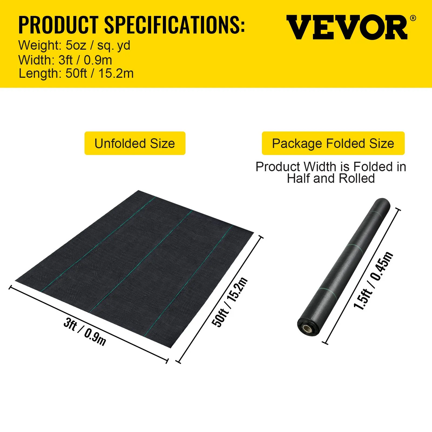 VEVOR 3FTx50FT Premium Weed Barrier Fabric Heavy Duty 5OZ, Woven Weed Control Fabric,-$25