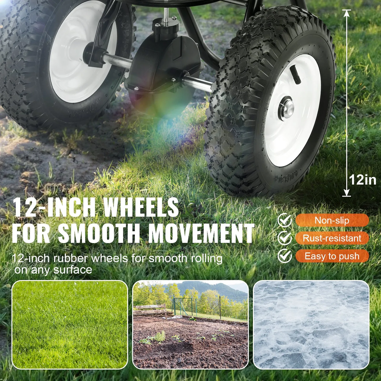 VEVOR Broadcast Spreader, 80 LB Walk-Behind Turf Spreader with 12" Wheels, Steel Push Fertilizer Spreader