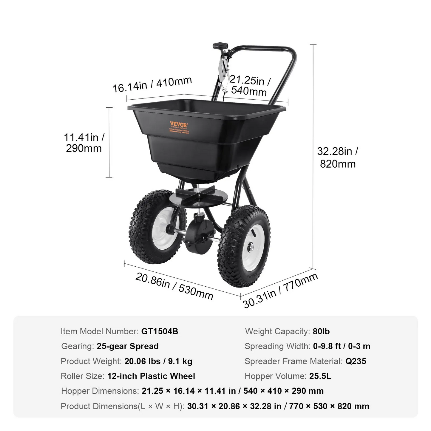 VEVOR Broadcast Spreader, 80 LB Walk-Behind Turf Spreader with 12" Wheels, Steel Push Fertilizer Spreader