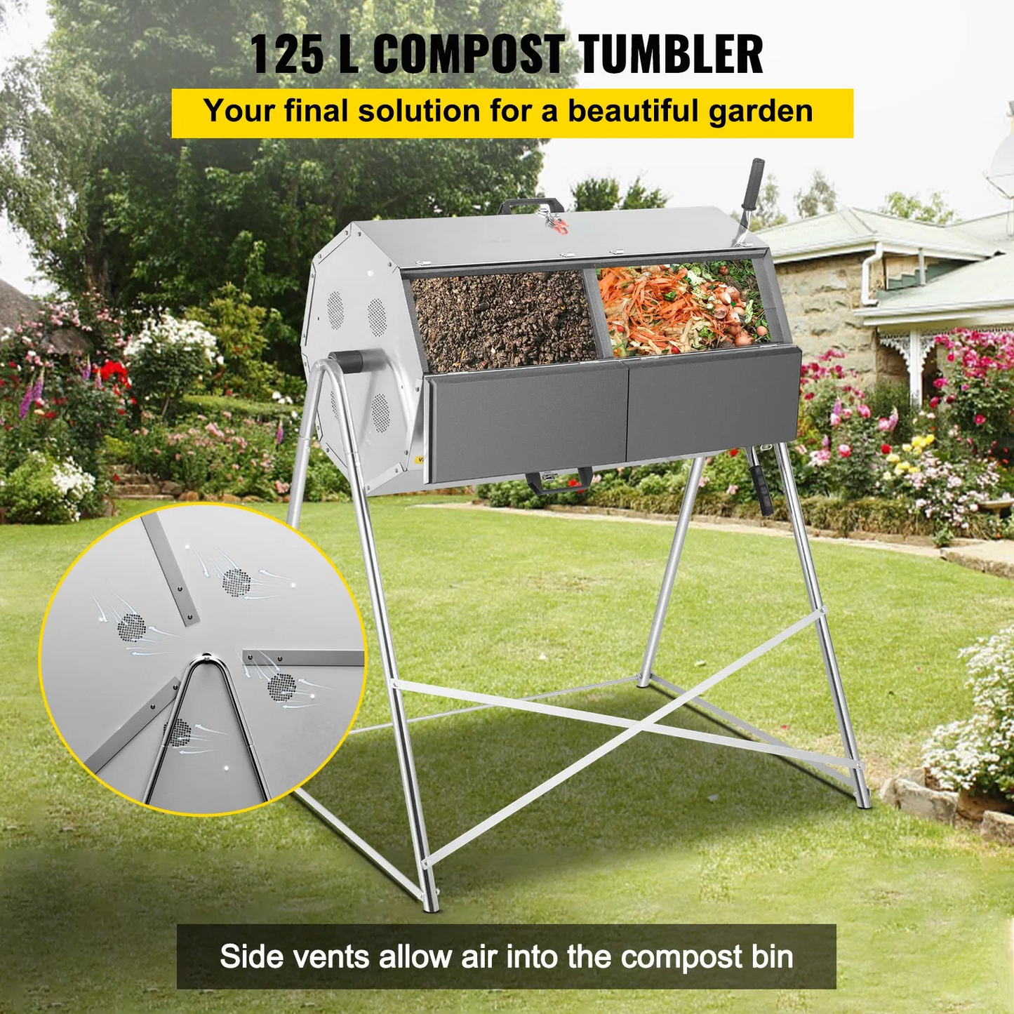 VEVOR Compost Tumbler, 125L/33 US Gallons, Rustproof Stainless Steel Dual-chamber-$250