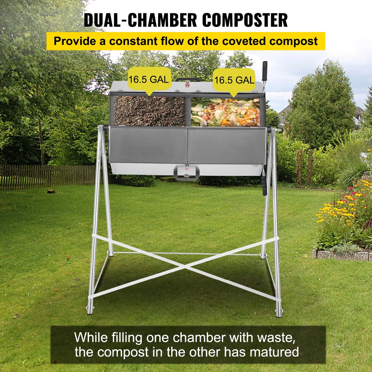 VEVOR Compost Tumbler, 125L/33 US Gallons, Rustproof Stainless Steel Dual-chamber-$250