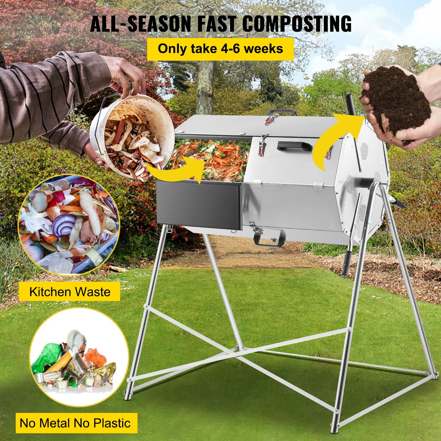 VEVOR Compost Tumbler, 125L/33 US Gallons, Rustproof Stainless Steel Dual-chamber-$250