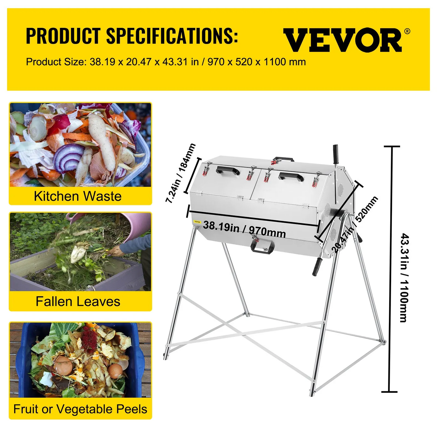 VEVOR Compost Tumbler, 125L/33 US Gallons, Rustproof Stainless Steel Dual-chamber-$250