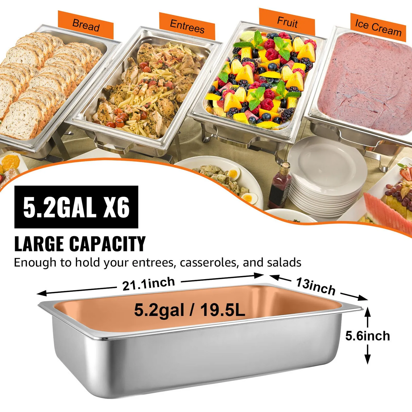 VEVOR 6 Pack Steam Table Pans 20.9 x 12.8 x 5.9 Inch Deep Steam Table Pan Full Size 20.5L Deep-$60