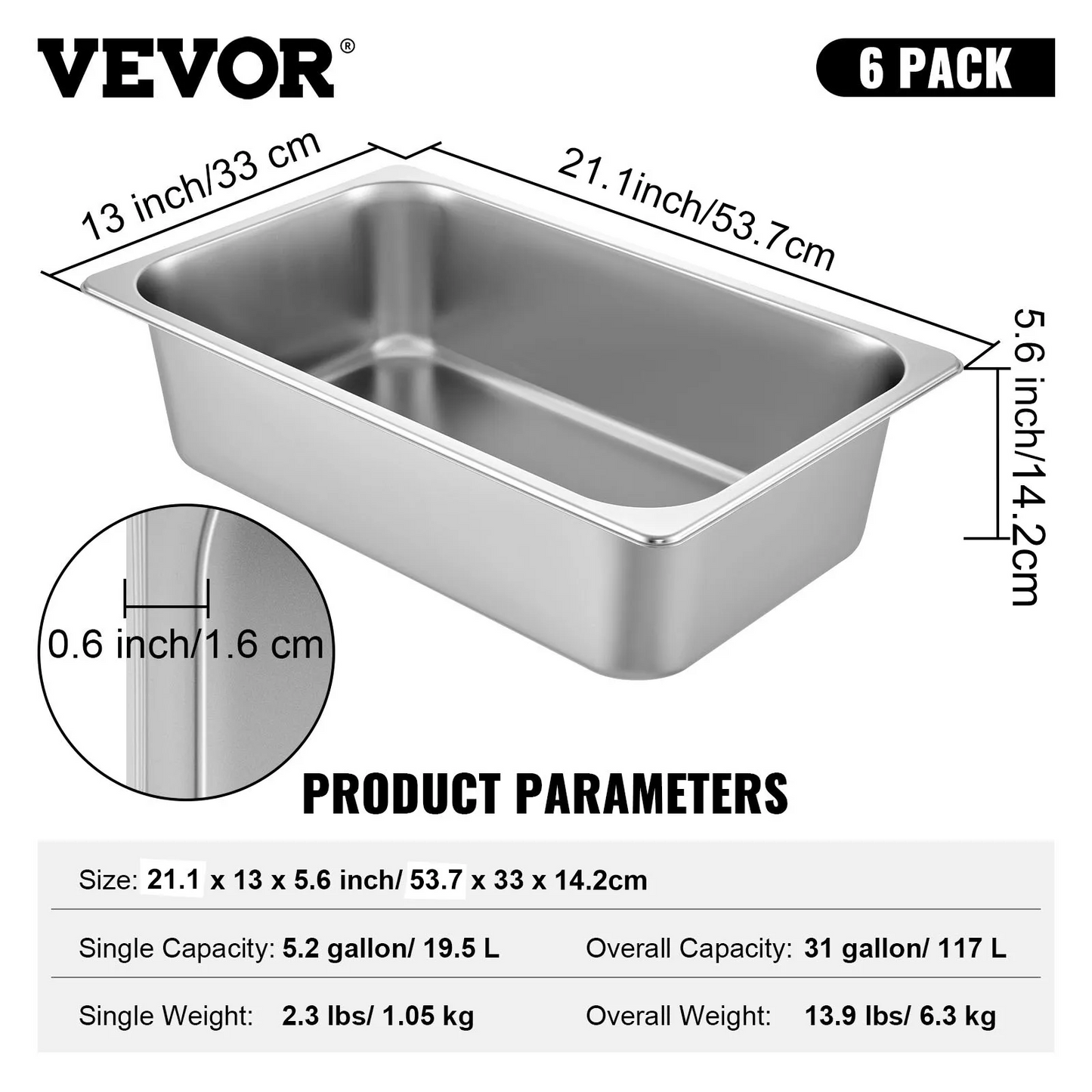 VEVOR 6 Pack Steam Table Pans 20.9 x 12.8 x 5.9 Inch Deep Steam Table Pan Full Size 20.5L Deep-$60