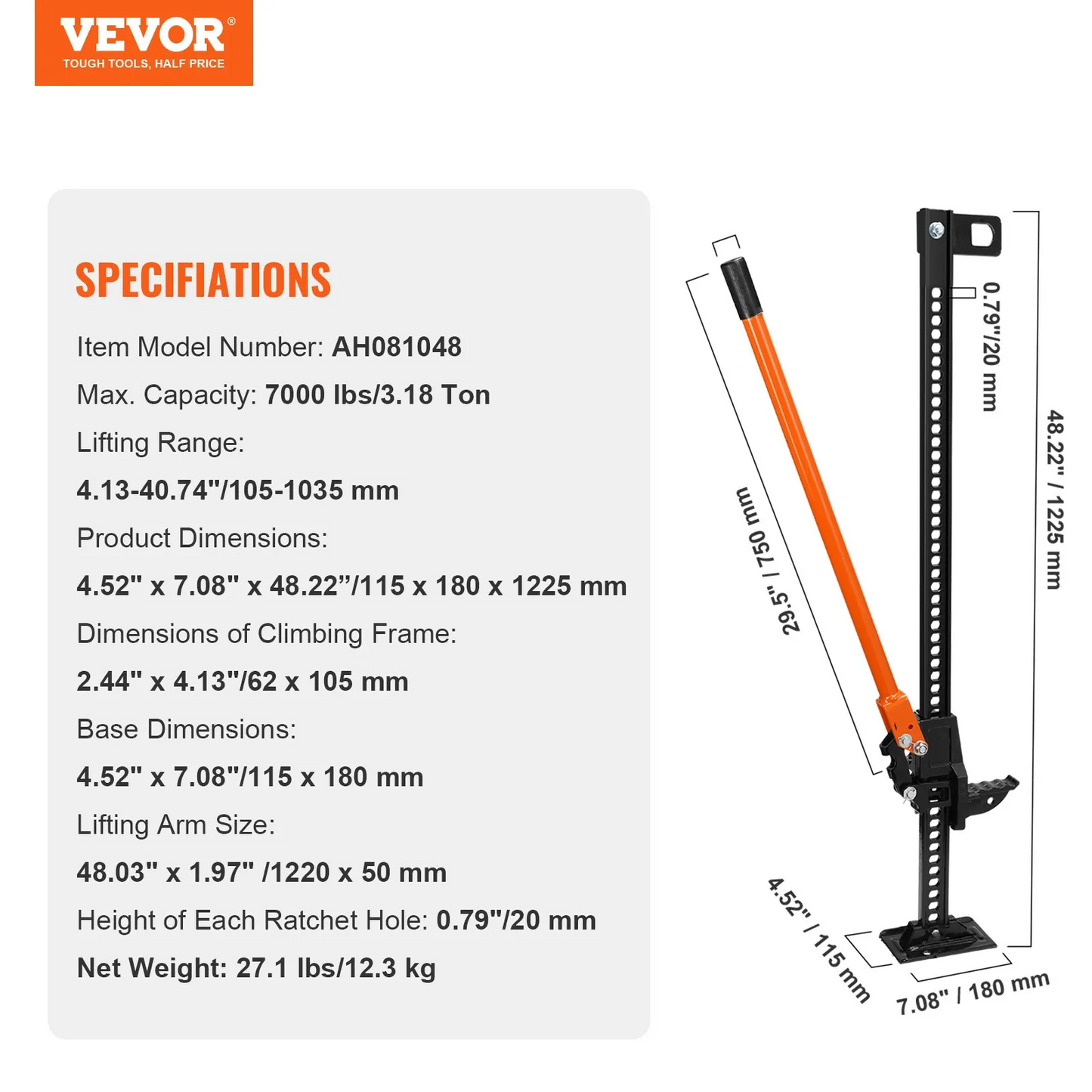 VEVOR High Lift Farm Jack, 48" Utility Farm Jack, 7000 lbs Capacity Ratcheting Off Road Utility Jack, -$70