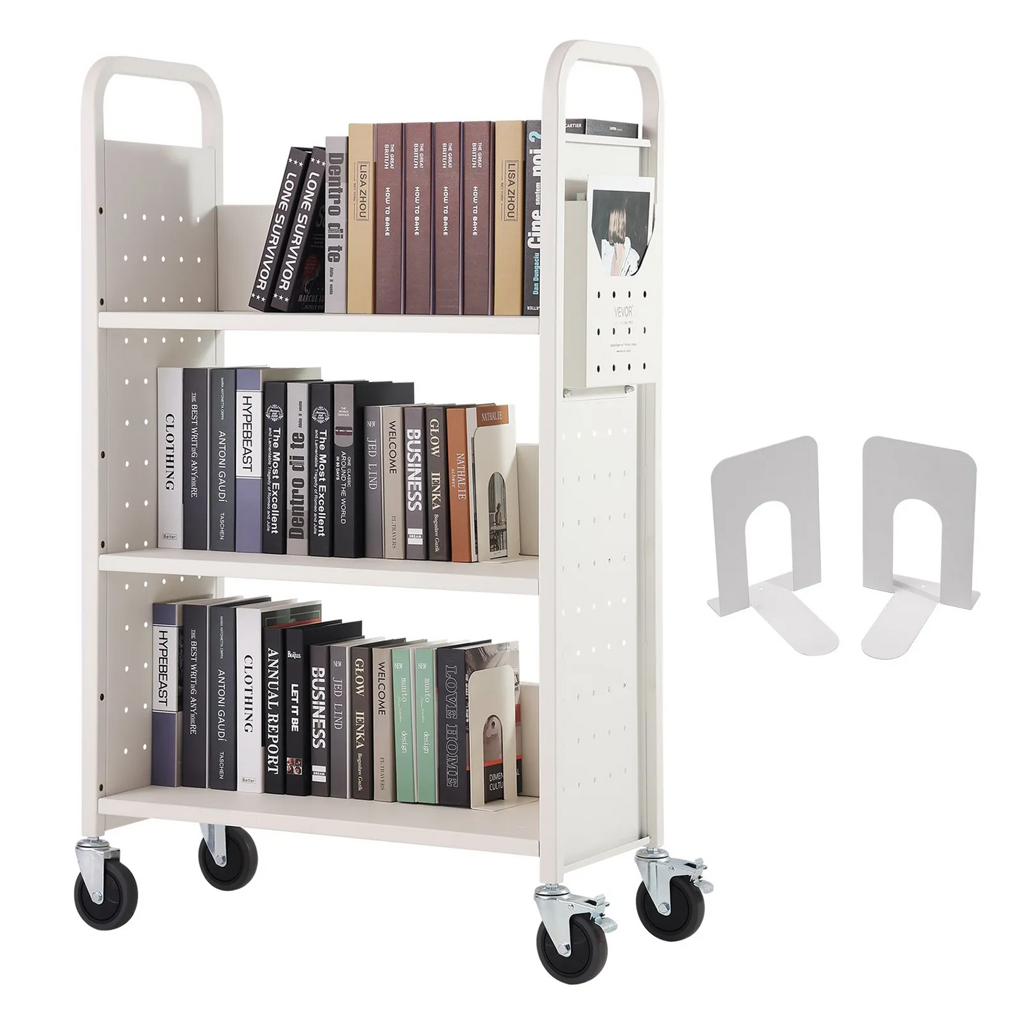 VEVOR Book Cart, 330 lbs Library Cart, 31.1" x 15.2" x 49.2" Rolling Book Cart, Single Sided L-Shaped Flat Shelves