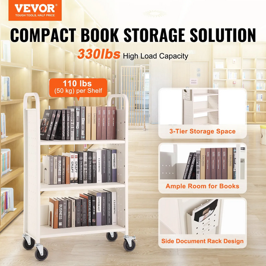 VEVOR Book Cart, 330 lbs Library Cart, 31.1" x 15.2" x 49.2" Rolling Book Cart, Single Sided L-Shaped Flat Shelves