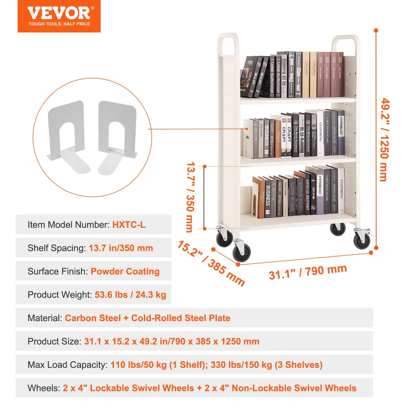VEVOR Book Cart, 330 lbs Library Cart, 31.1" x 15.2" x 49.2" Rolling Book Cart, Single Sided L-Shaped Flat Shelves