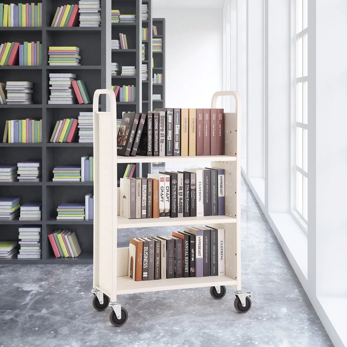 VEVOR Book Cart, 330 lbs Library Cart, 31.1" x 15.2" x 49.2" Rolling Book Cart, Single Sided L-Shaped Flat Shelves