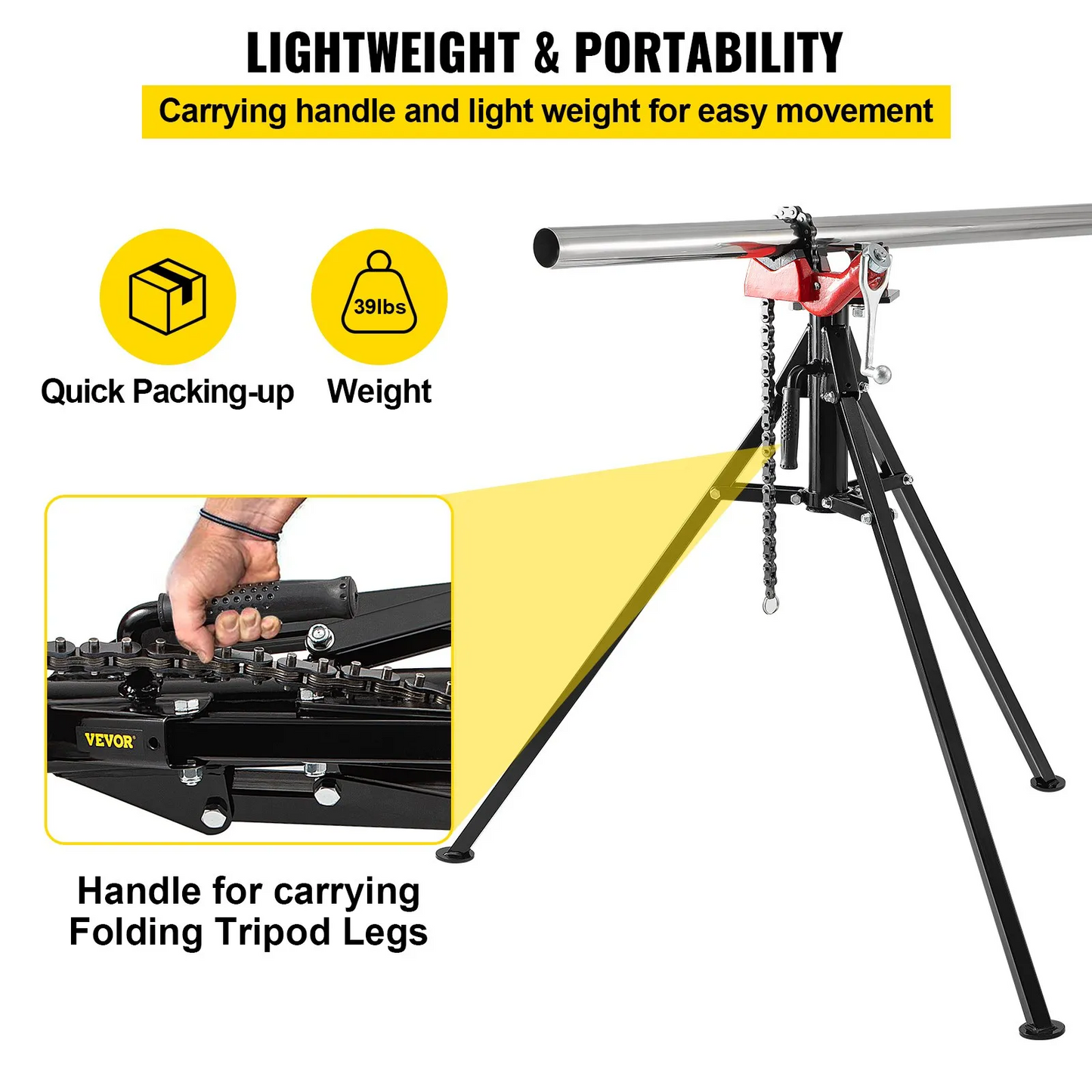 VEVOR Tripod Pipe Chain Vise, 1/8"-5" Pipe Capacity with Portable Folding Steel Legs, 36.4 inch Length, -$110