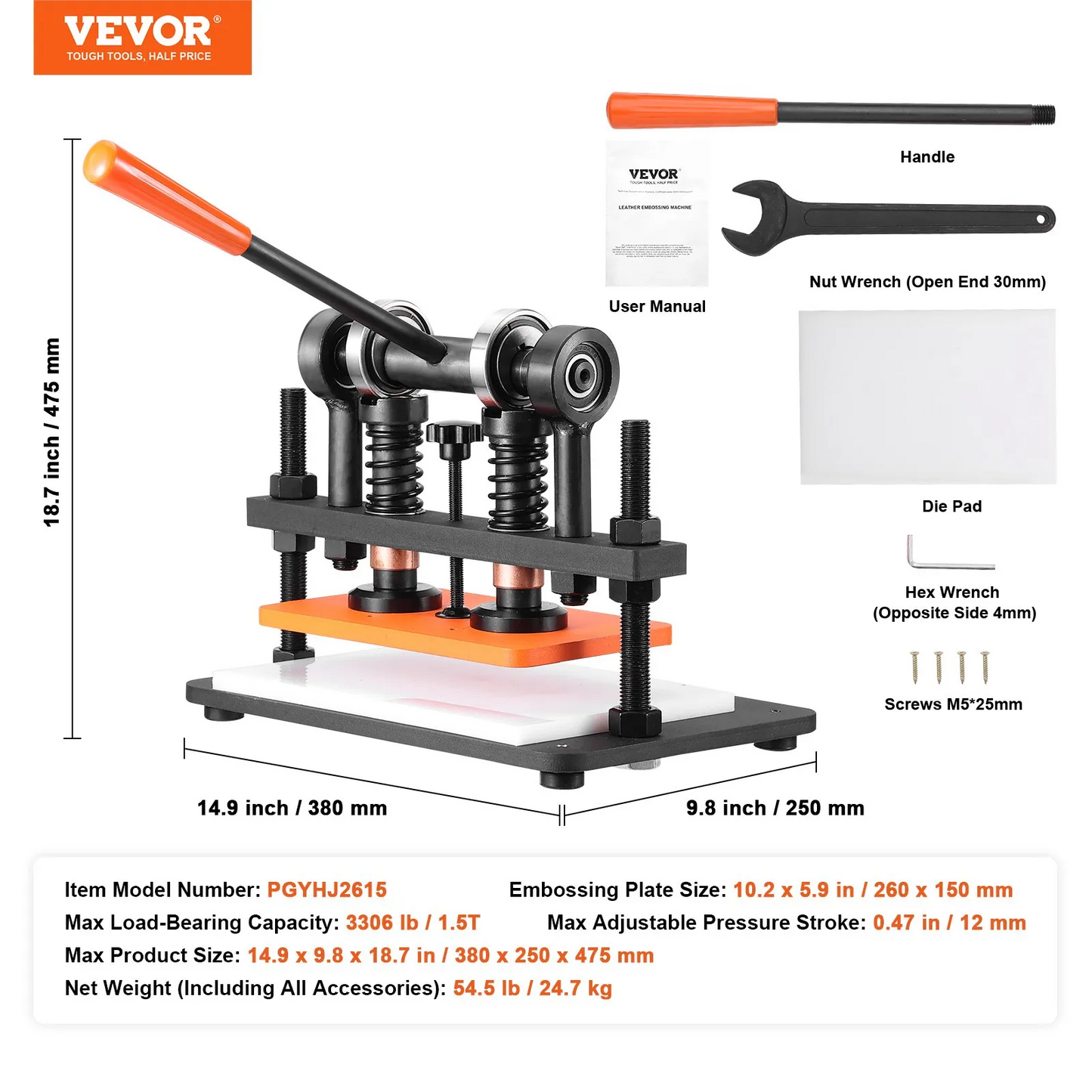 VEVOR Leather Cutting Machine, 10.2 x 5.9 in Embossing Plate Manual Die Cutter, 0.47 in Pressure Stroke