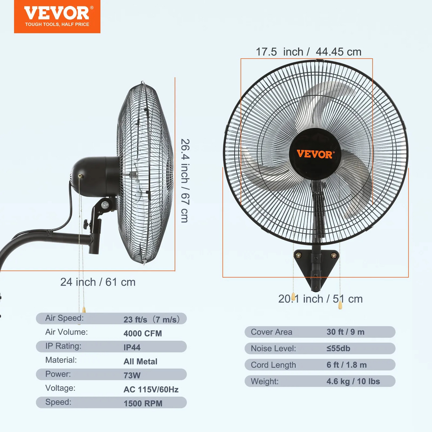 VEVOR Wall Mount Fan, 18 Inch, 3-speed High Velocity Max. 4000 CFM Oscillating Industrial Wall Fan,-$60