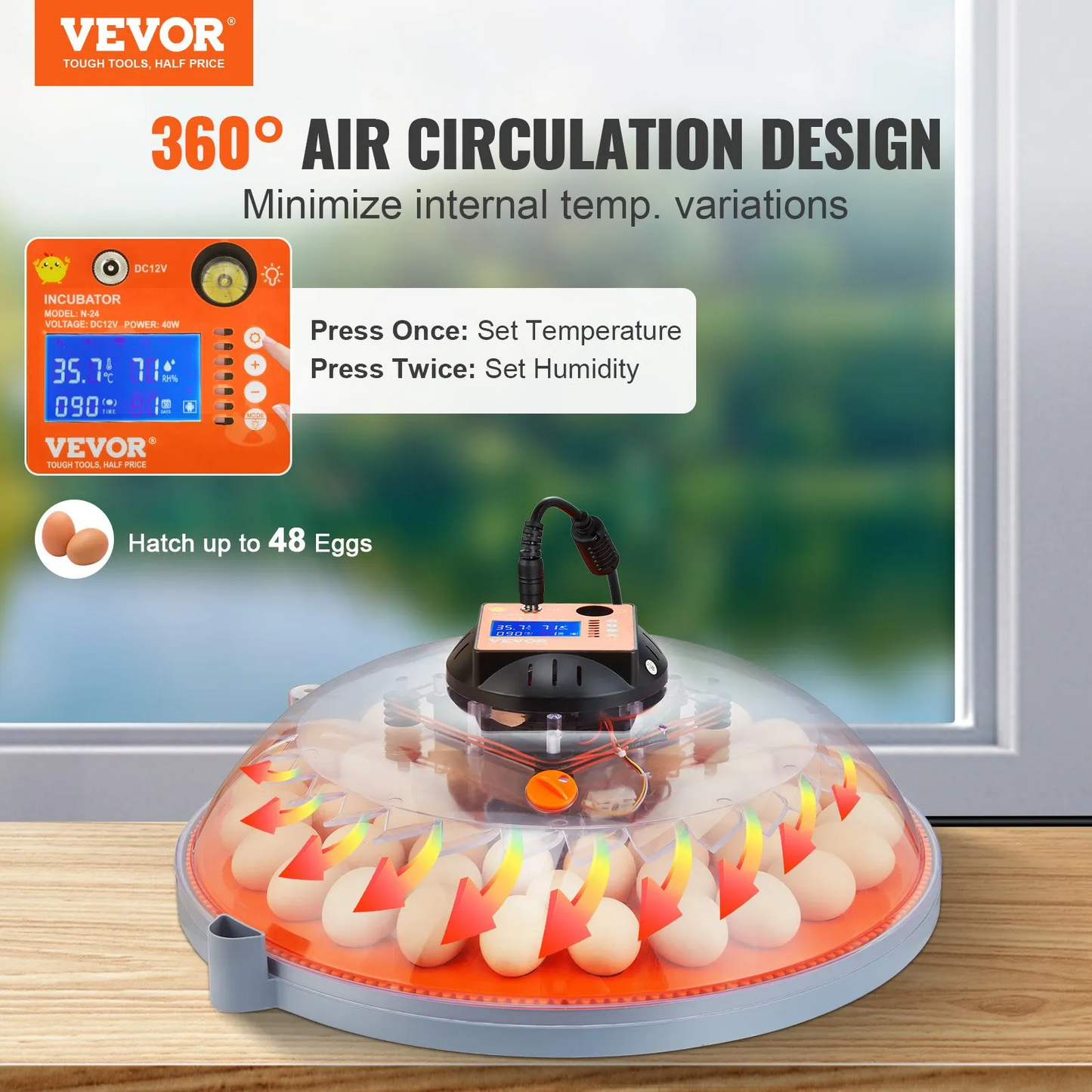 VEVOR 48 Egg Incubator, Incubators for Hatching Eggs, 360°Automatic Egg Turner with Temperature,-$70