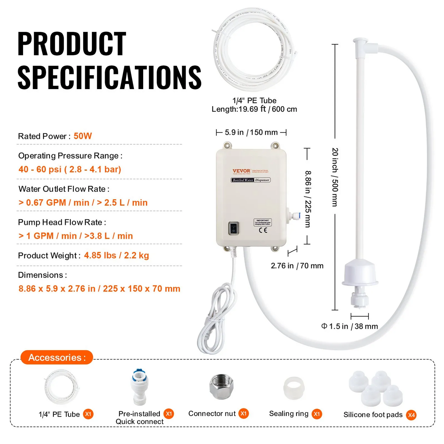 VEVOR Pump 115 with US Plug Perfect for 5 Gallon Voltage White Single Outlet, Bottled Water Dispensing,