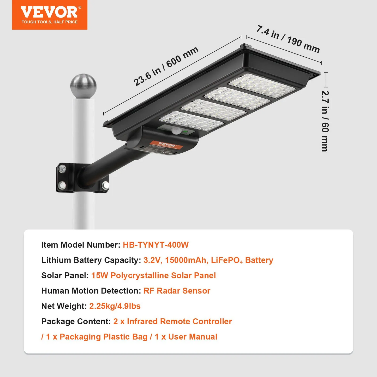 VEVOR 400W Solar Street Light, 800LM, LED Solar Flood Lights Outdoor with Infrared Remote Control,-$50