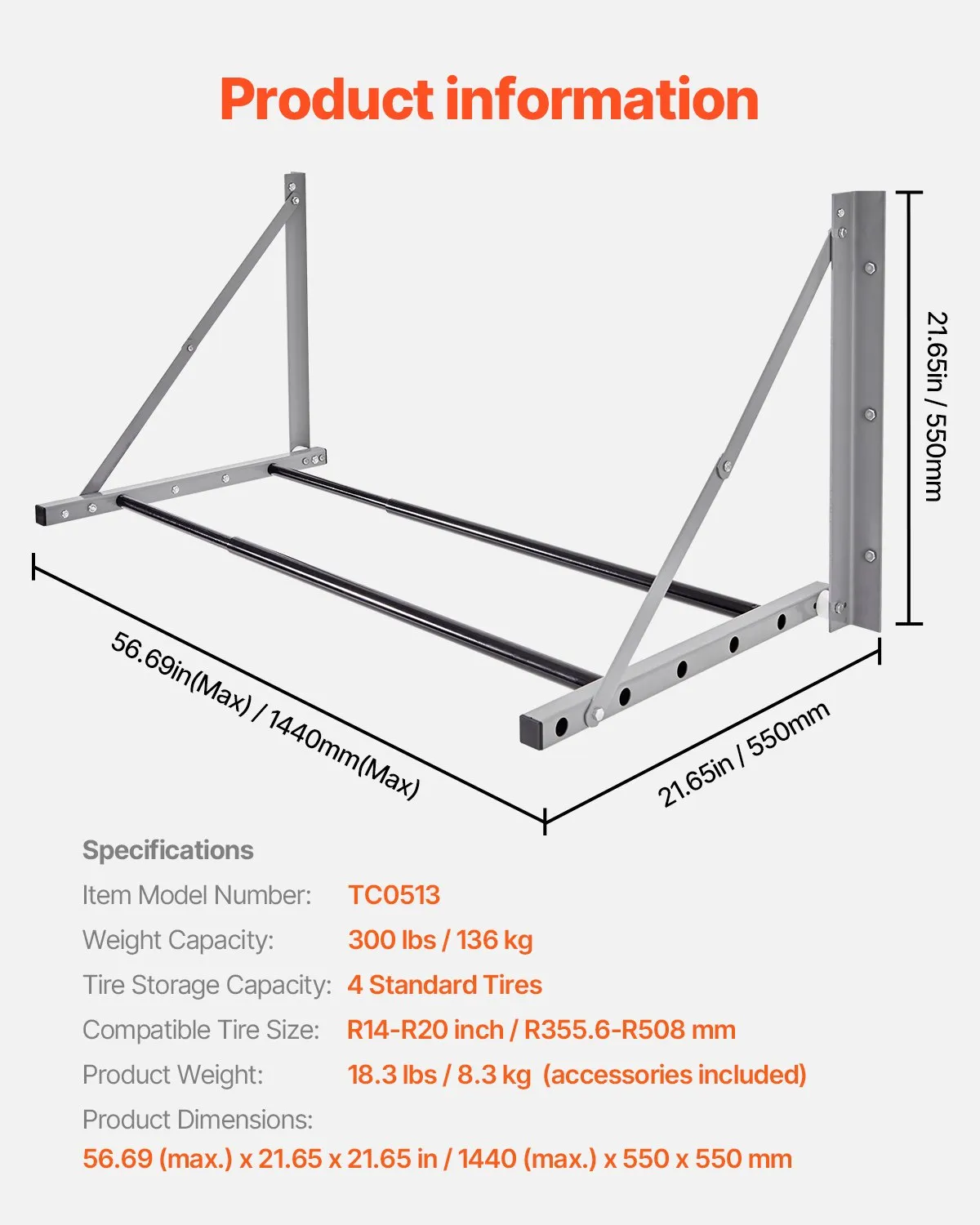 VEVOR Wall Mounted Folding Tire Rack 32"- 48" Adjustable Storage Rack for Garage,-$35