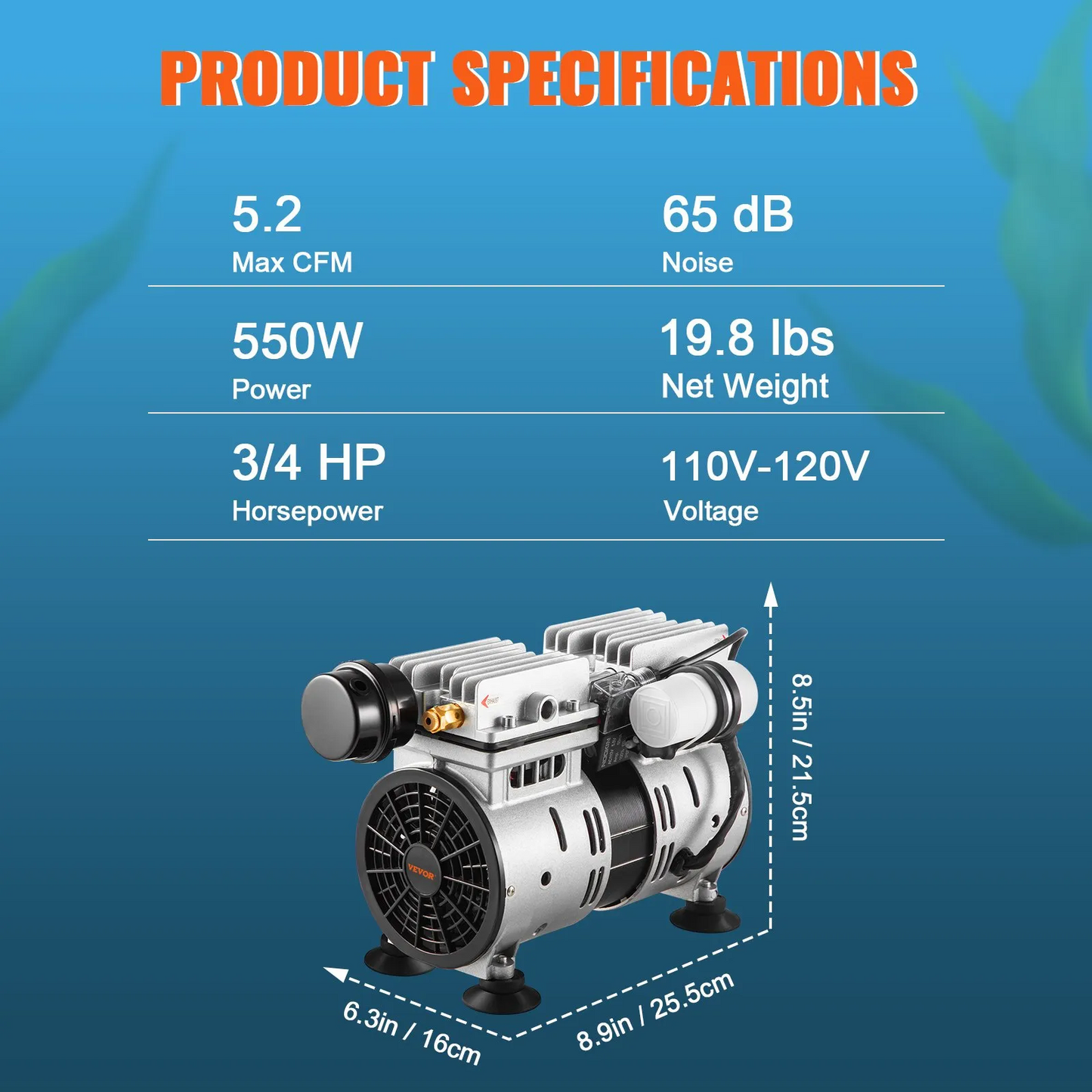 VEVOR Pond Aeratorv, 550W Power, 5.2CFM for Up to 3 Acre 50' Lake, Kit Includes 3/4 HP Compressor,-$165
