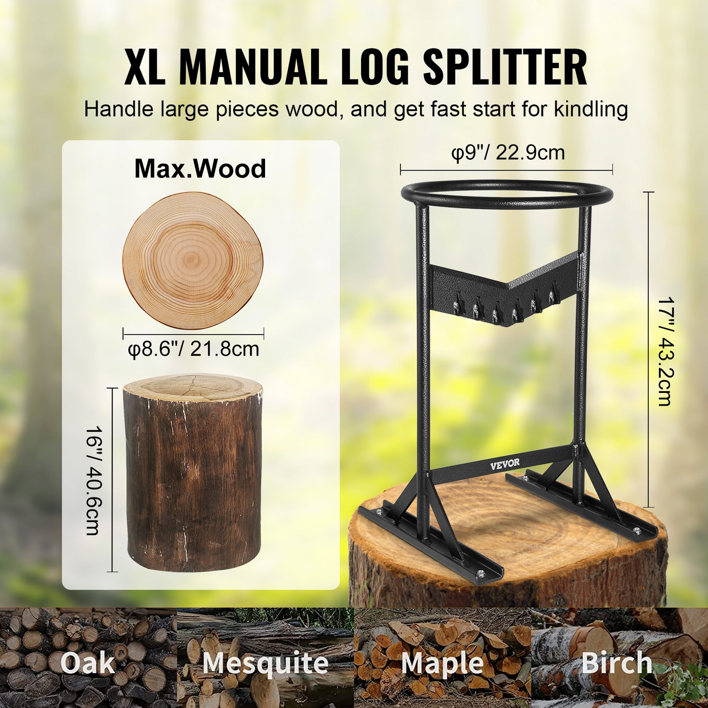 VEVOR Wood Splitter, XL Log Splitter for 8.6" Dia. Wood, Sharp "V" Shaped Finger-safety Firewood Cutter