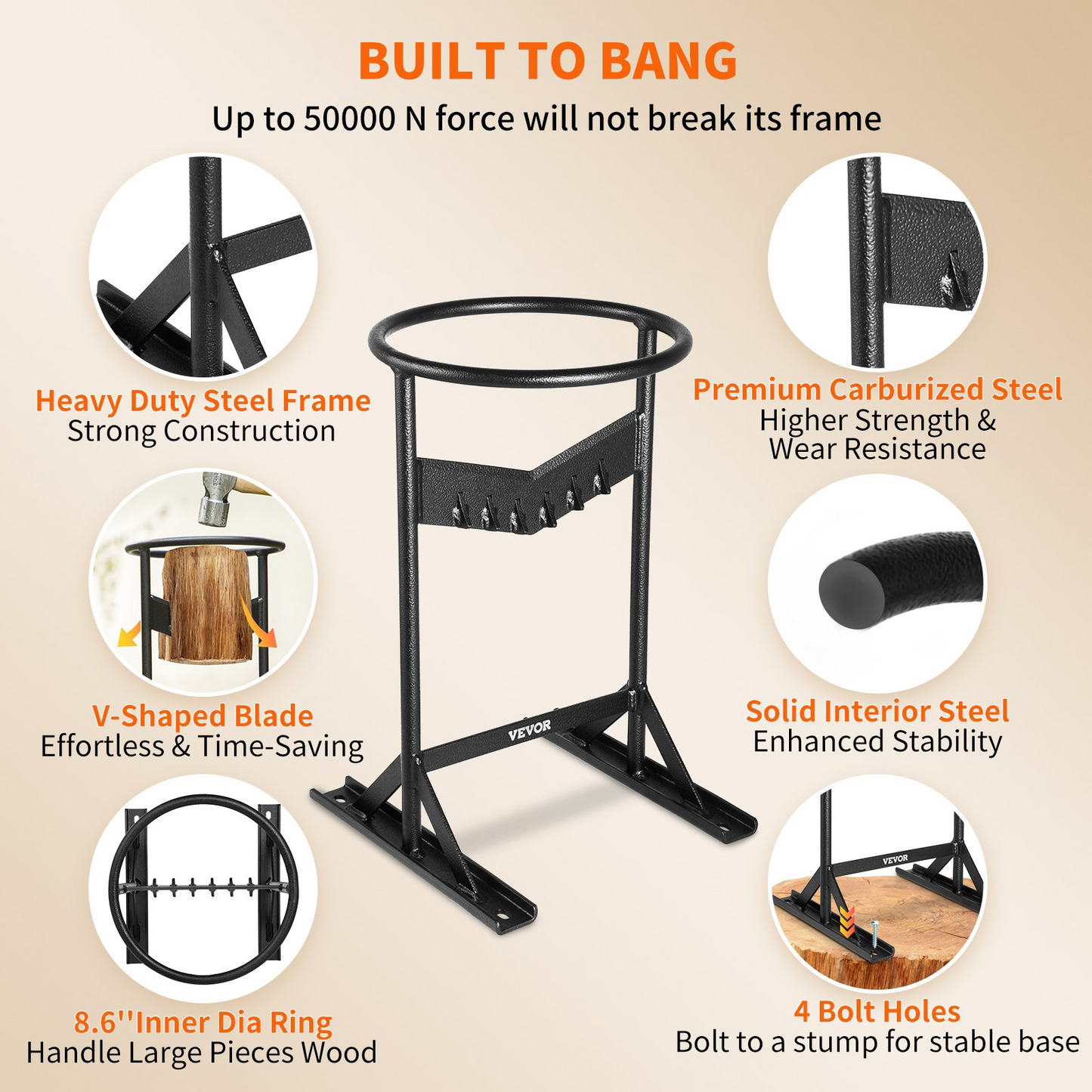 VEVOR Wood Splitter, XL Log Splitter for 8.6" Dia. Wood, Sharp "V" Shaped Finger-safety Firewood Cutter