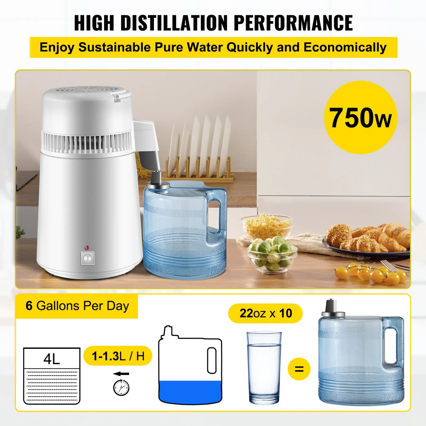 VEVOR Pure Water Distiller 750W, Purifier Filter Fully Upgraded with Handle 1.1 Gal /4L, BPA Free Container