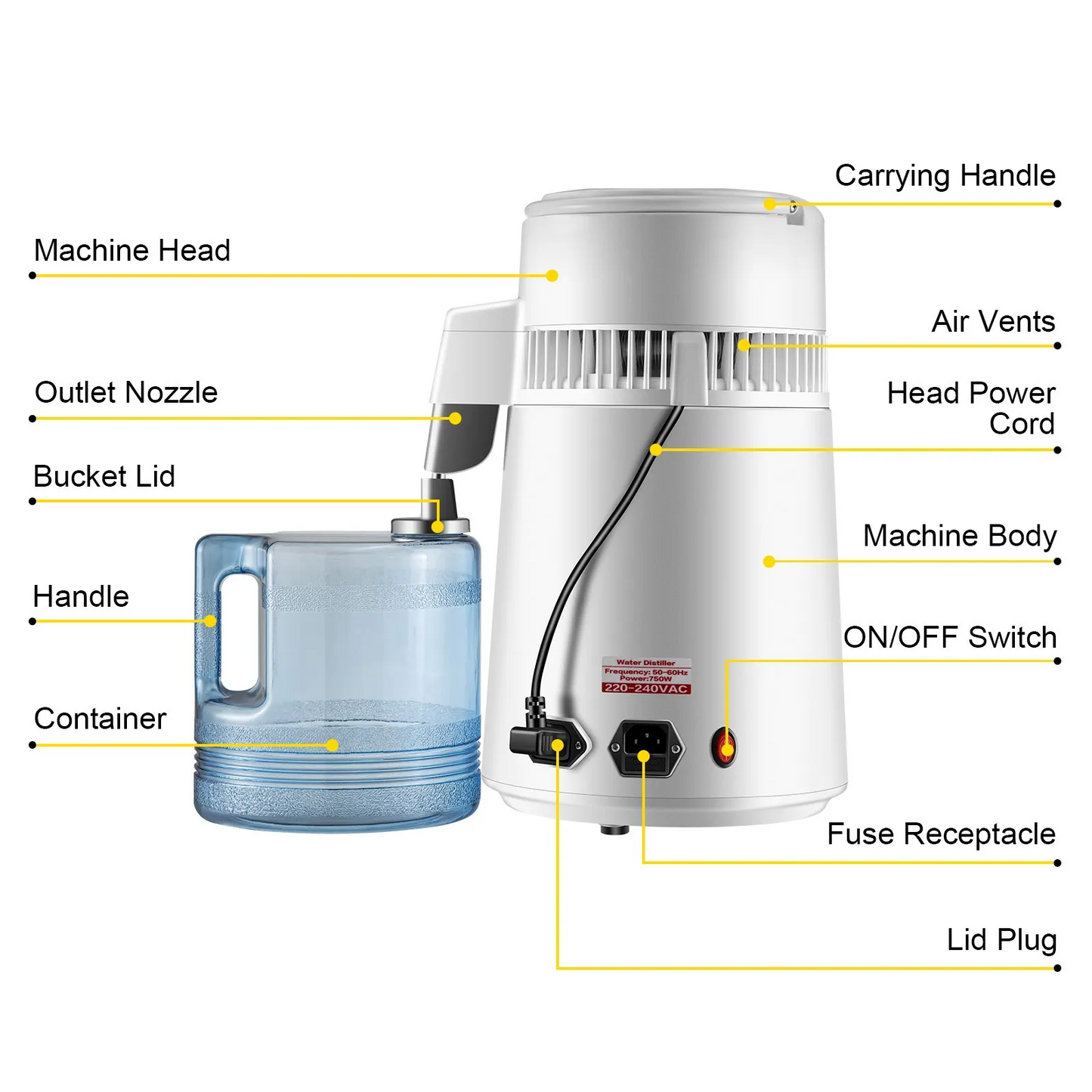 VEVOR Pure Water Distiller 750W, Purifier Filter Fully Upgraded with Handle 1.1 Gal /4L, BPA Free Container