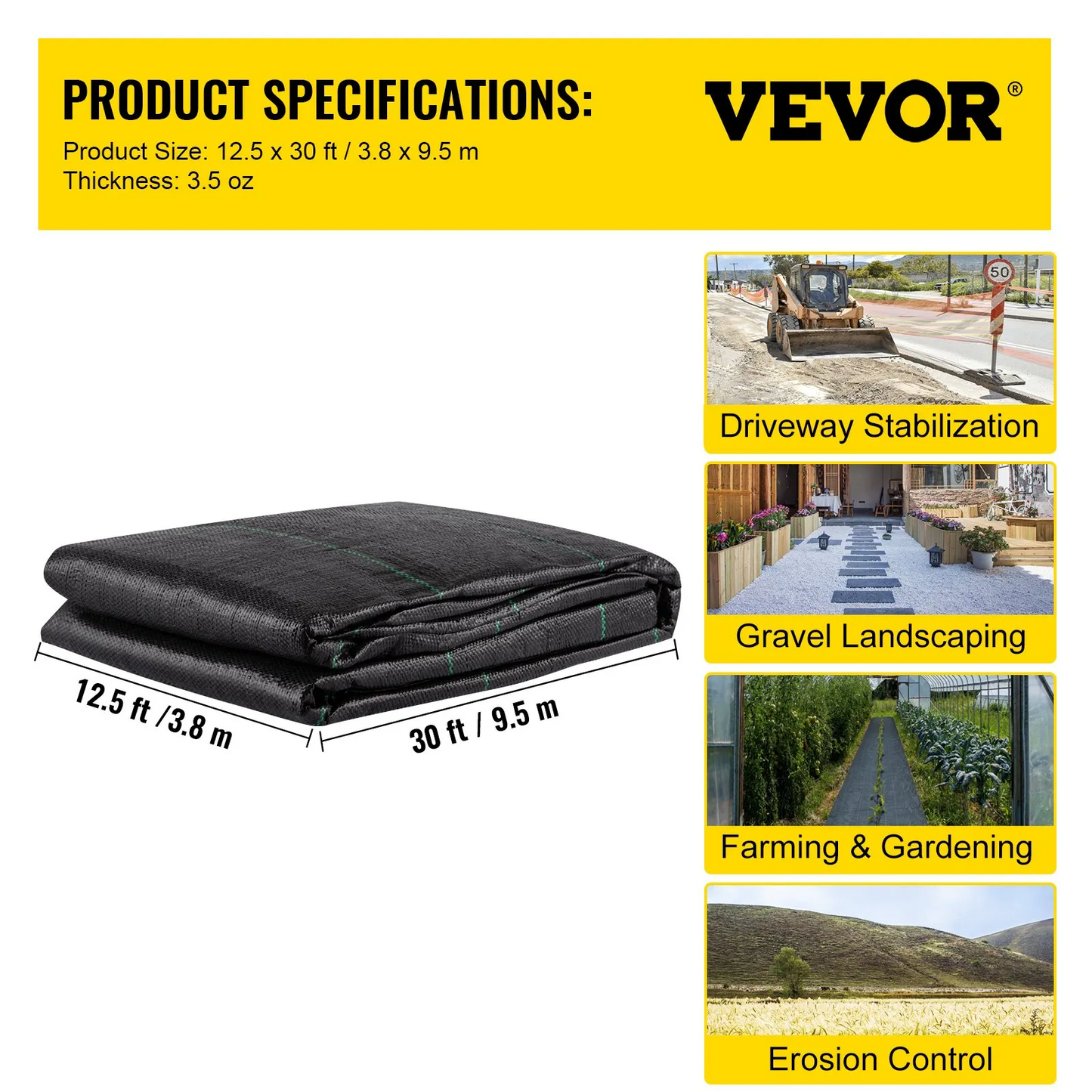 VEVOR Geotextile Fabric Woven Driveway Fabric 12.5' x 30' Landscaping Fabric 3.5oz,-$50