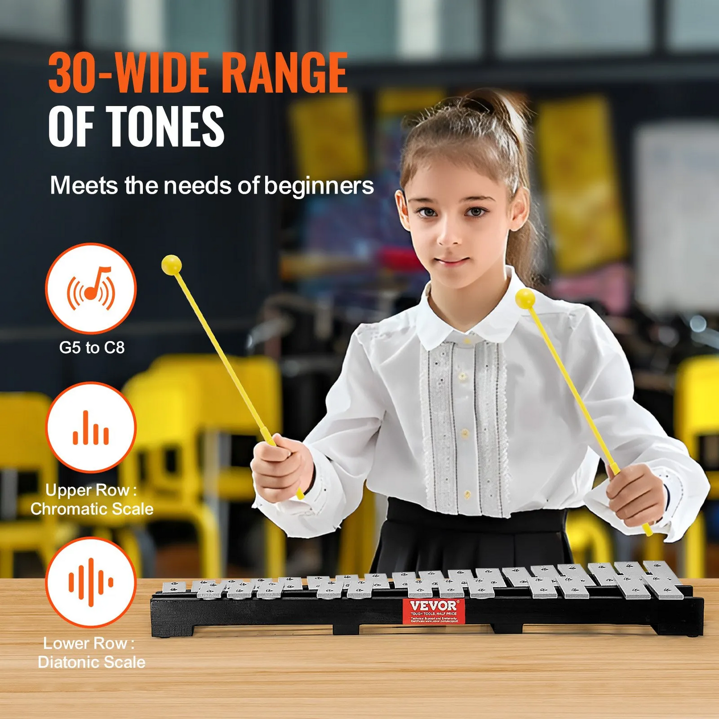 VEVOR 30 Note Glockenspiel Xylophone Bell Kit, Percussion Instrument with Mallets,-$40