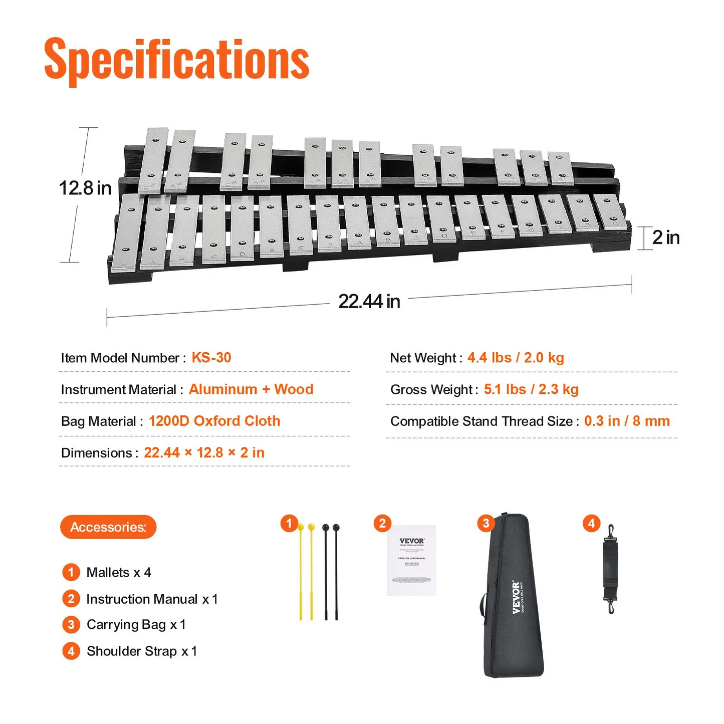 VEVOR 30 Note Glockenspiel Xylophone Bell Kit, Percussion Instrument with Mallets,-$40