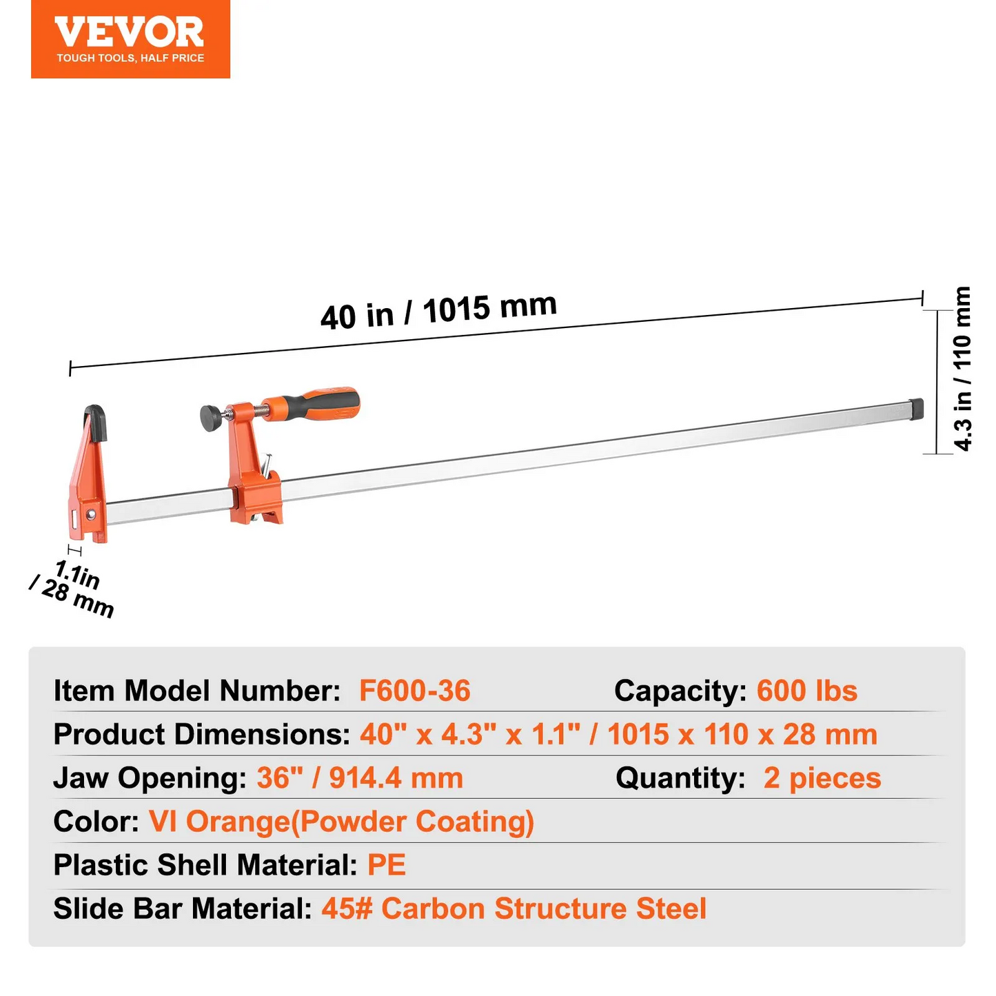VEVOR Bar Clamps for Woodworking, 2-Pack 36" Clamp/Spreader, Quick-Change F Clamp with 600 lbs Load Limit