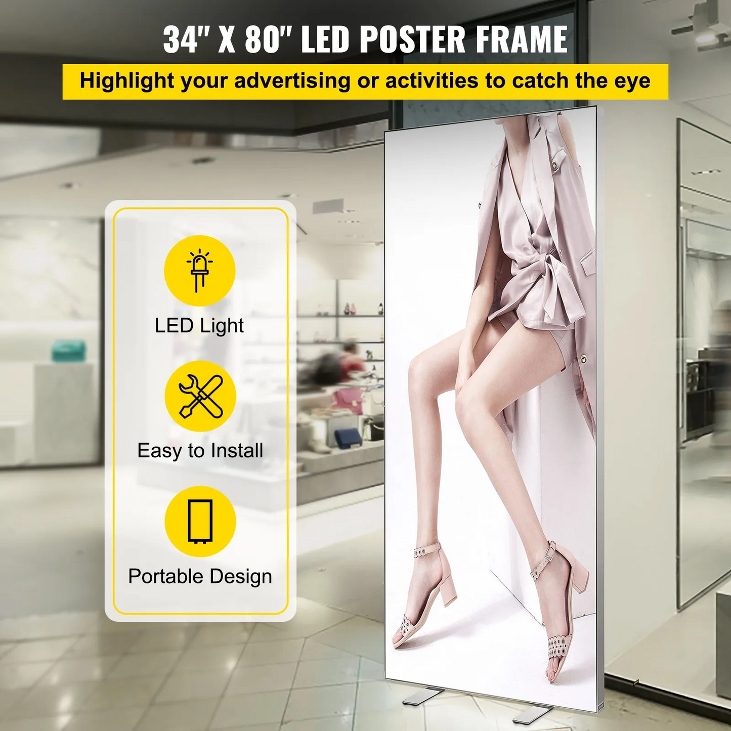 VEVOR LED Poster Frame, 34" x 80" Large Sidewalk Sign, Backlighting LED Light Box with Aluminum Frame