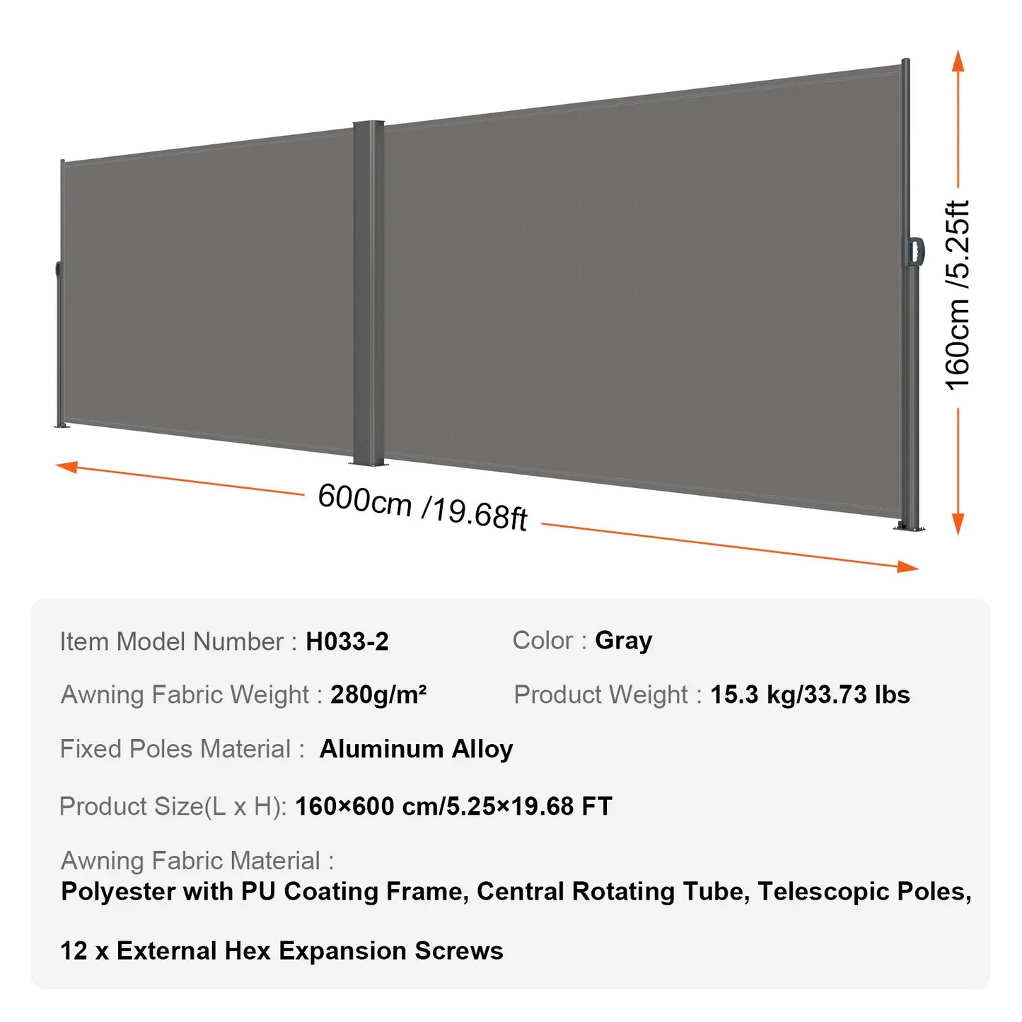 VEVOR Retractable Side Awning Patio Screen Retractable Fence 63x236inch Privacy Screen,-$150