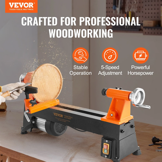VEVOR Benchtop Wood Lathe, 10 in x 18 in, 0.5 HP 370W Power Wood Turning Lathe Machine, 5 Variable Speeds,