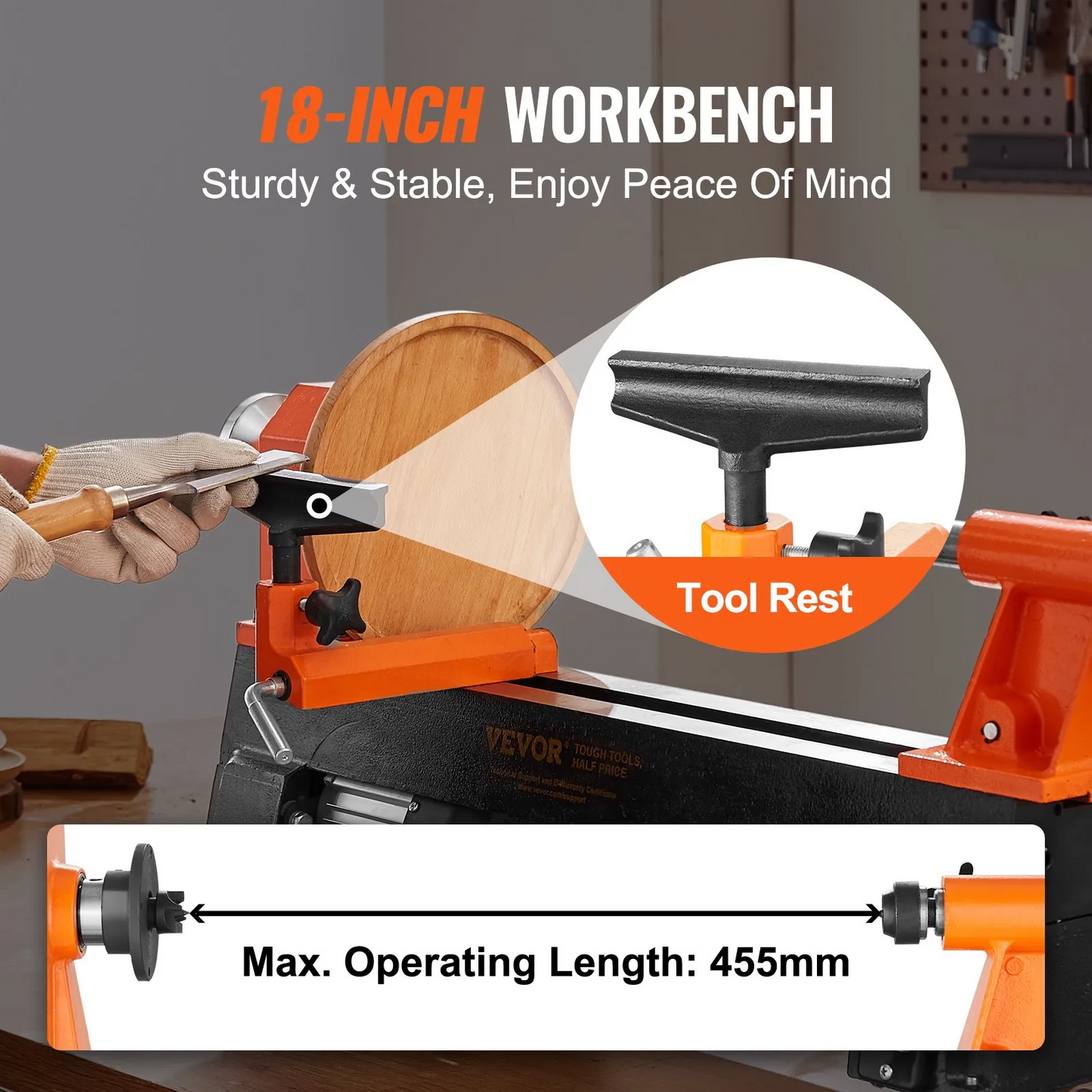 VEVOR Benchtop Wood Lathe, 10 in x 18 in, 0.5 HP 370W Power Wood Turning Lathe Machine, 5 Variable Speeds,