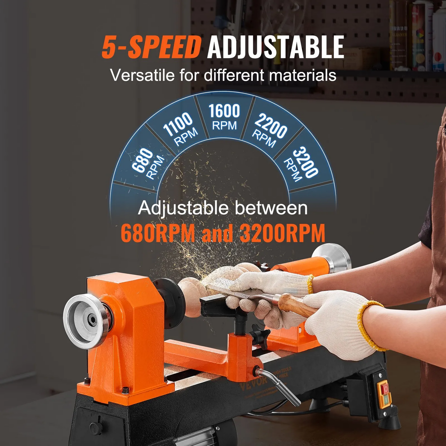 VEVOR Benchtop Wood Lathe, 10 in x 18 in, 0.5 HP 370W Power Wood Turning Lathe Machine, 5 Variable Speeds,