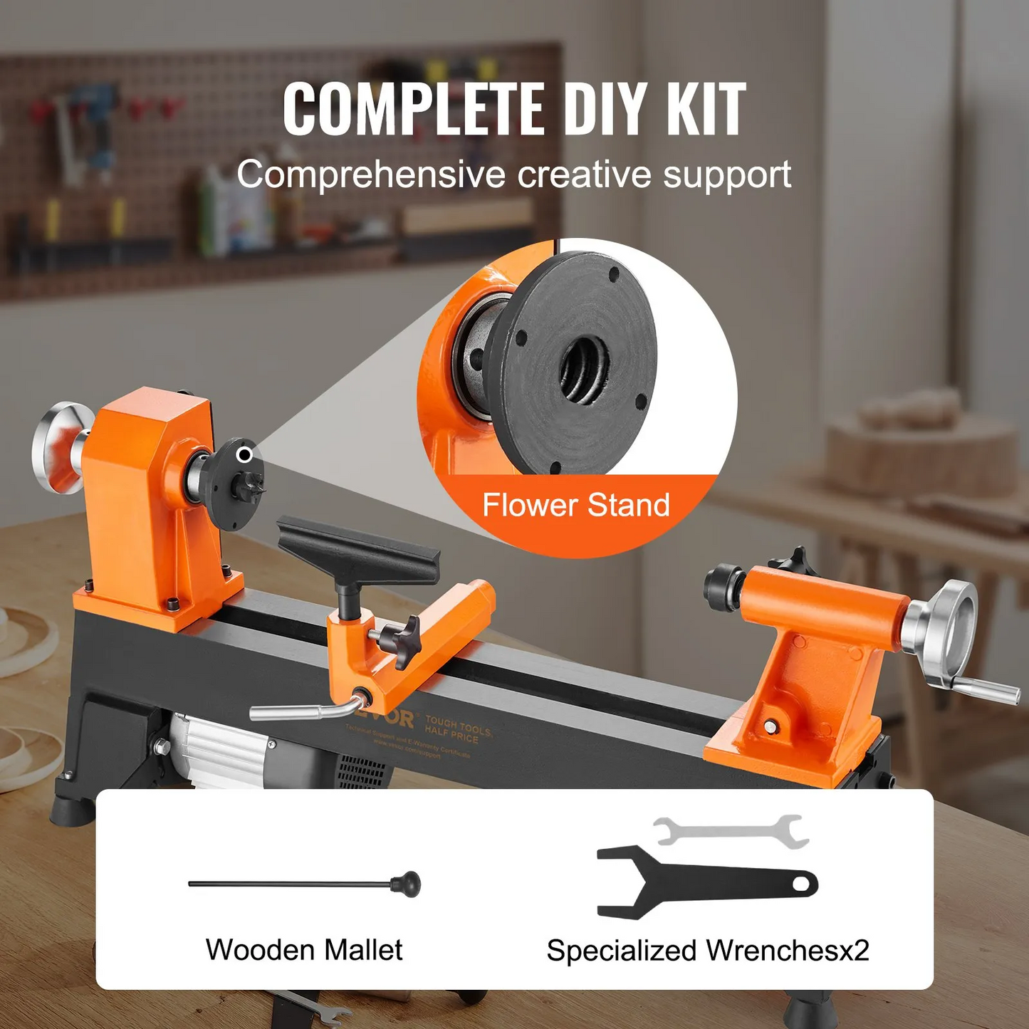 VEVOR Benchtop Wood Lathe, 10 in x 18 in, 0.5 HP 370W Power Wood Turning Lathe Machine, 5 Variable Speeds,