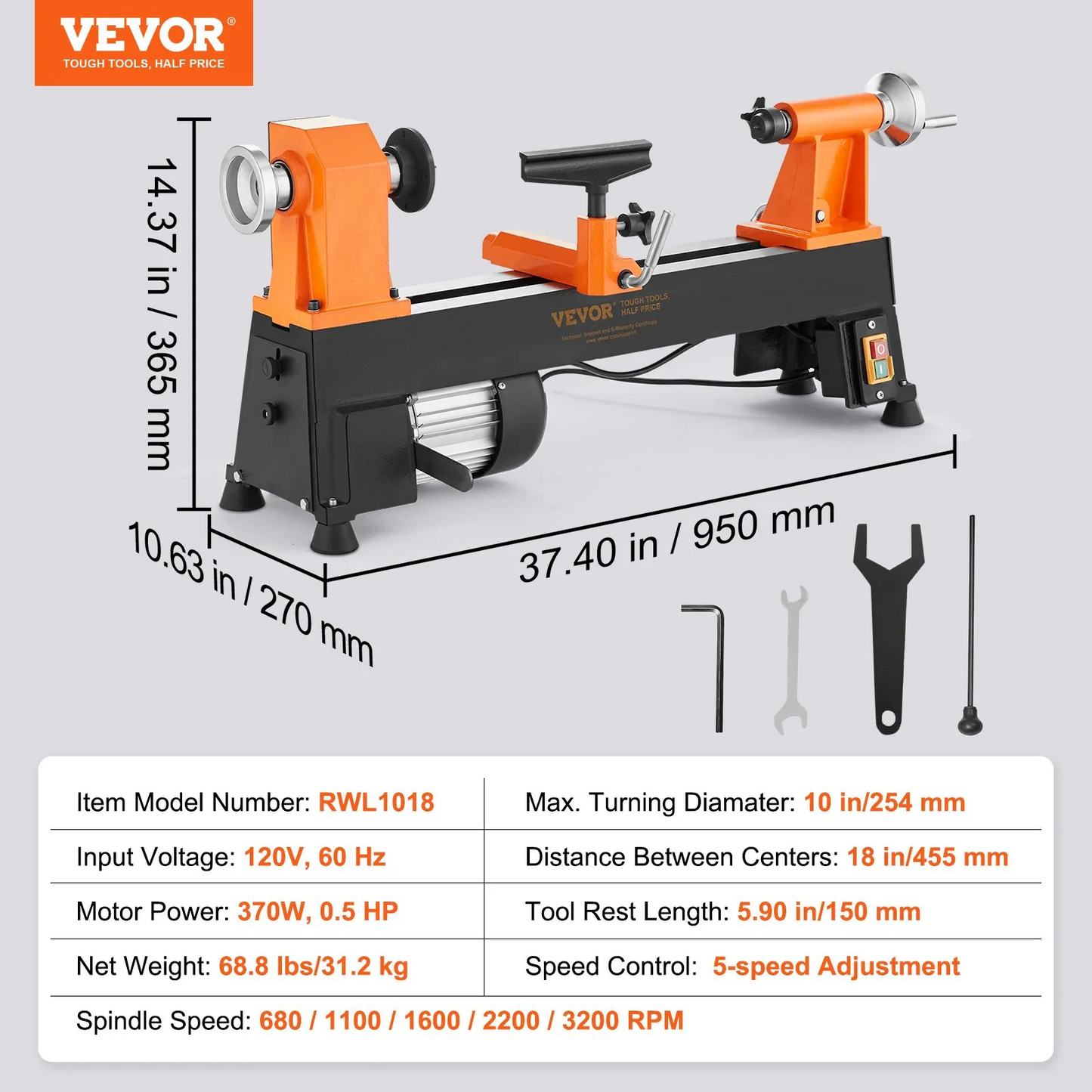 VEVOR Benchtop Wood Lathe, 10 in x 18 in, 0.5 HP 370W Power Wood Turning Lathe Machine, 5 Variable Speeds,