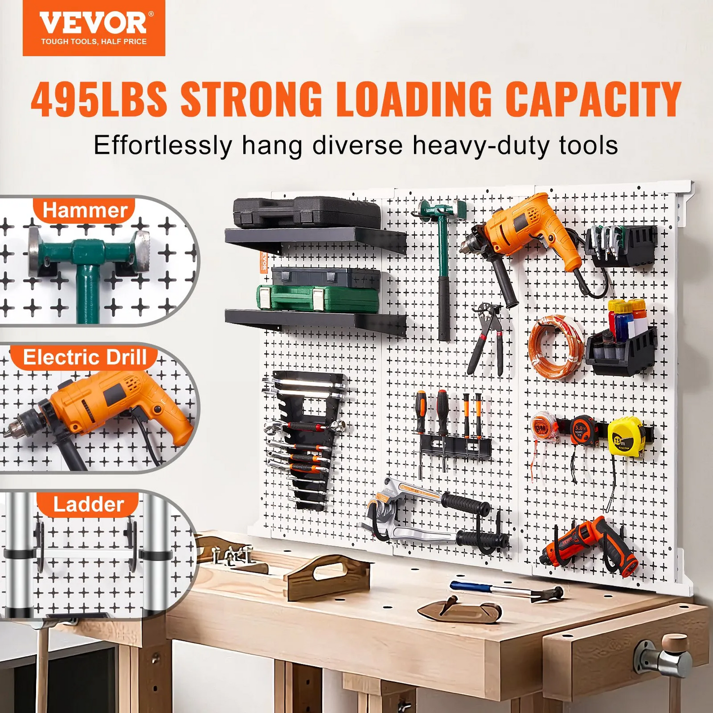 VEVOR Pegboard Wall Organizer 48" x 32", 495LBS Loading Garage Metal Pegboard Organizer Wall Mount,-$85