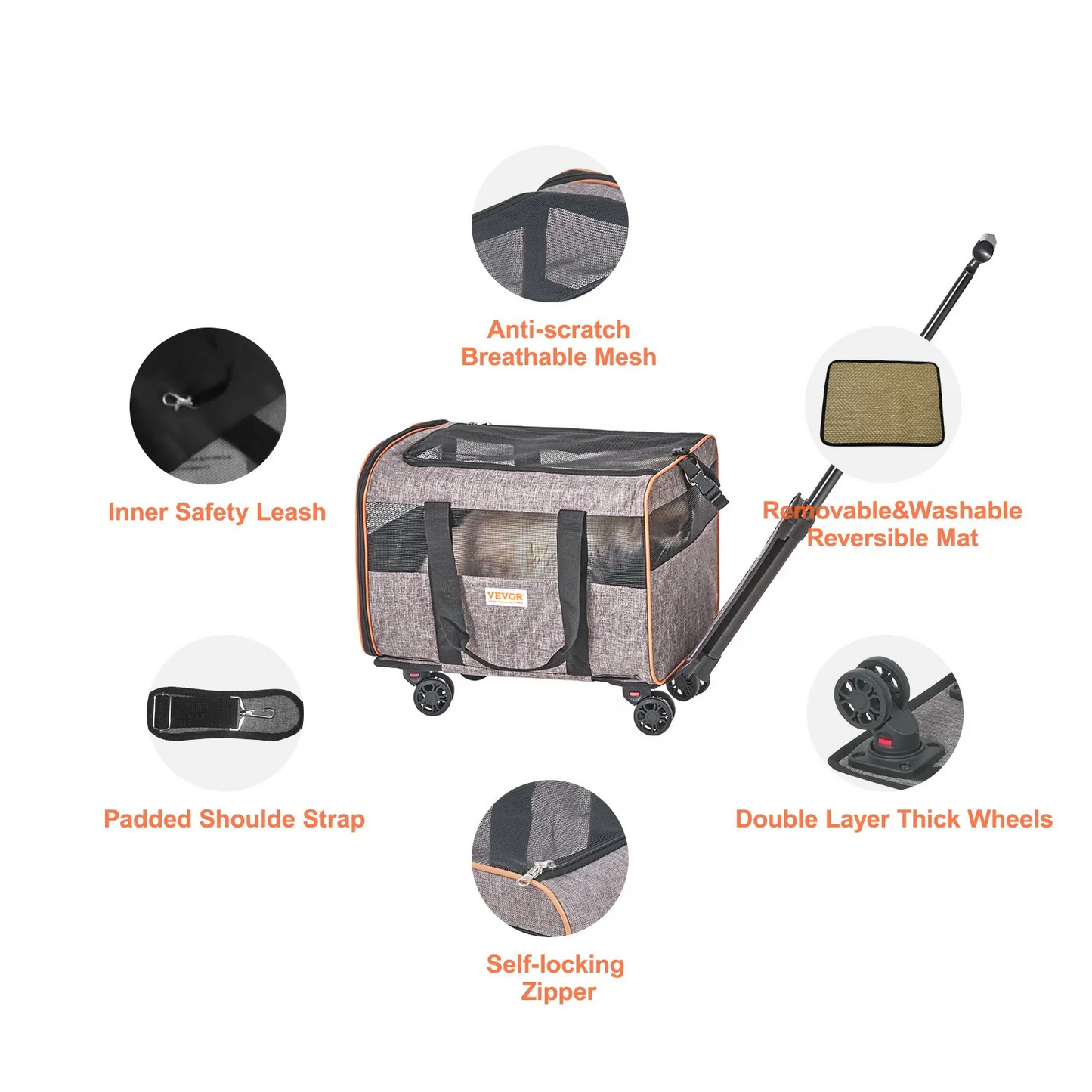 VEVOR Cat Carrier with Wheels, Airline Approved Rolling Pet Carrier with Telescopic Handle and Shoulder Strap