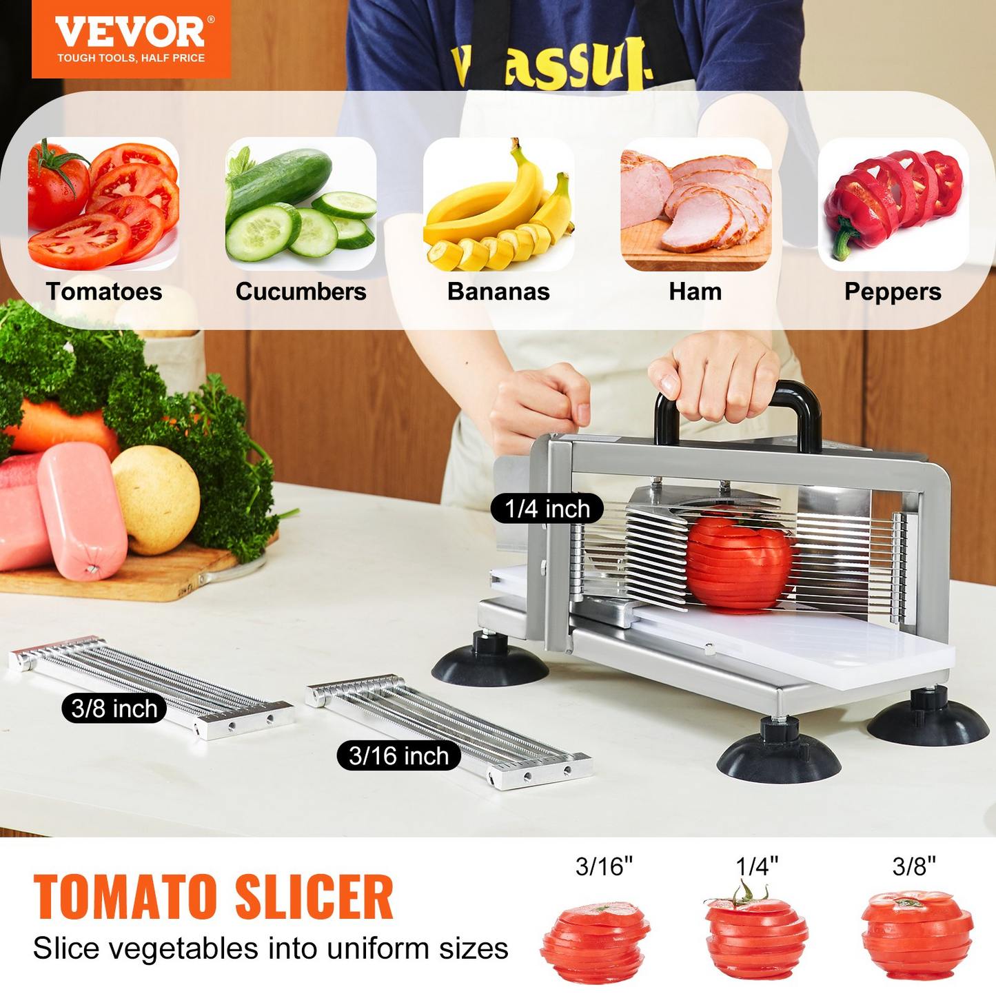 VEVOR Commercial Tomato Slicer, 1/4"+3/8"+3/16" Tomato Cutter Slicer, Stainless Steel Tomato Slicer Machine,-