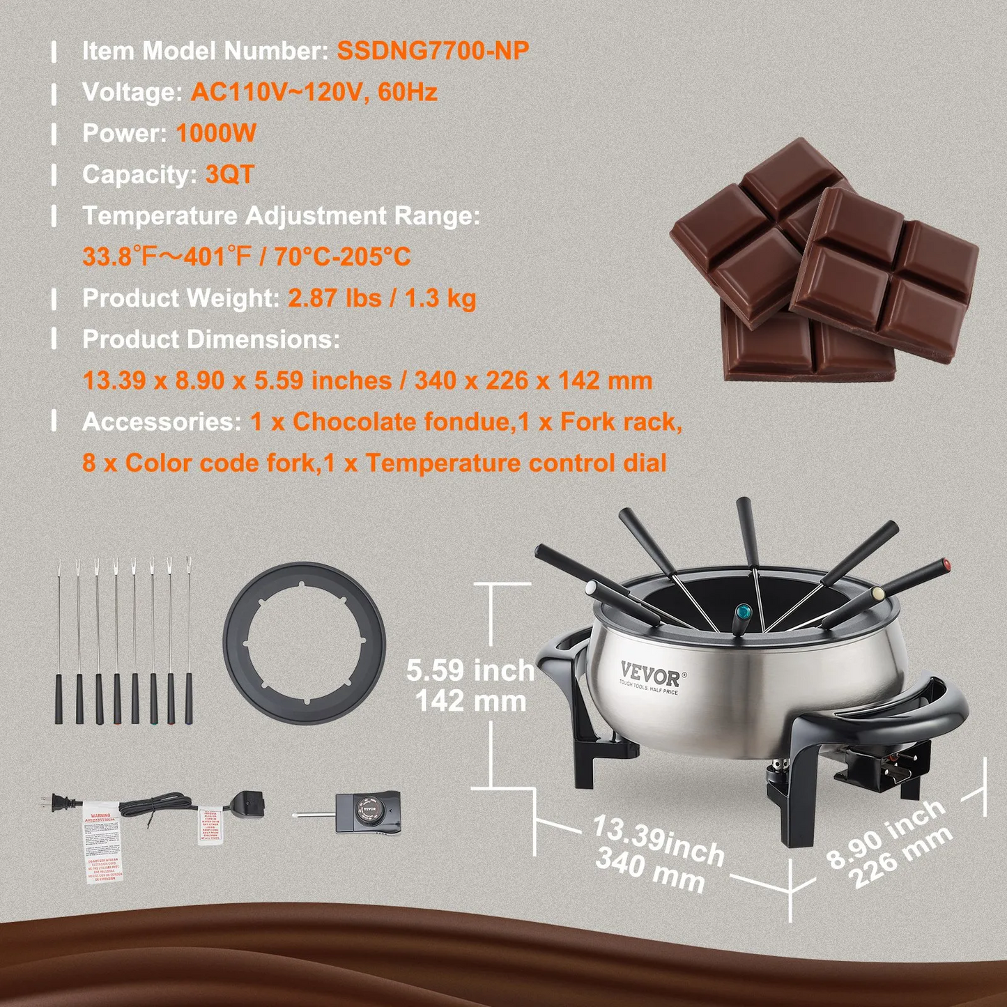VEVOR Electric Fondue Pot Set for Cheese & Chocolate, 3 Quart Chocolate Melting Warmer, Stainless Steel Fondue,-$35