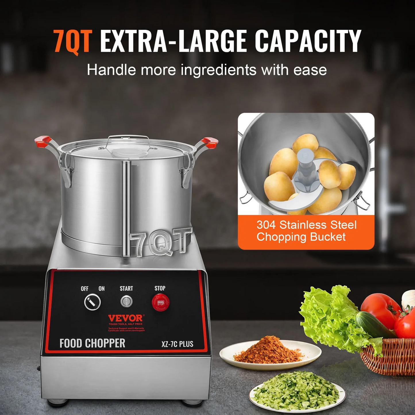 VEVOR Food Processor & Vegetable Chopper, 7 Quart Bowl, 750W Food-Grade Stainless Steel Food Processor