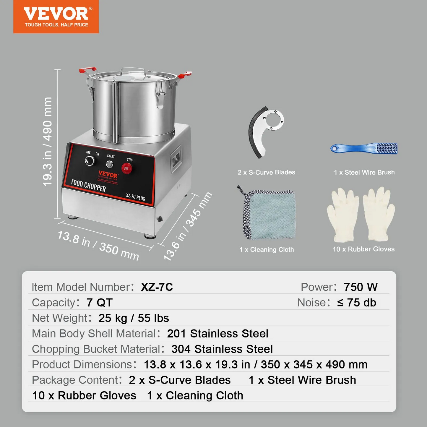 VEVOR Food Processor & Vegetable Chopper, 7 Quart Bowl, 750W Food-Grade Stainless Steel Food Processor