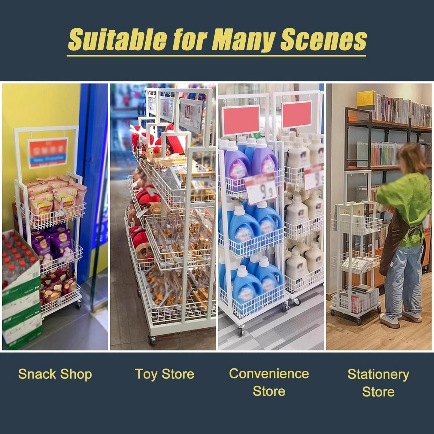 BNIB-4-Way & 3-Tier Storage Rack w/Wheels, Retail Display Racks, Household Storage Organizer