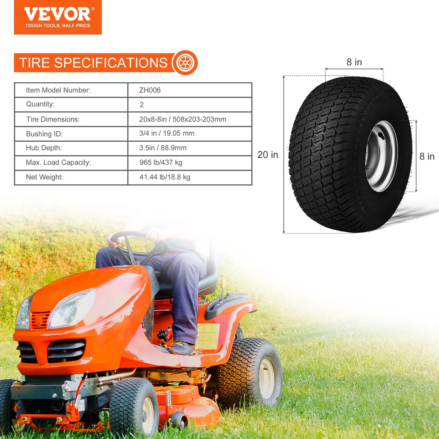 VEVOR Lawn Mower Tires with Rim, 20x8-8" Tubeless Tractor Tires, 2-Pack Tire, S-Turf Pneumatic Tires,-$120