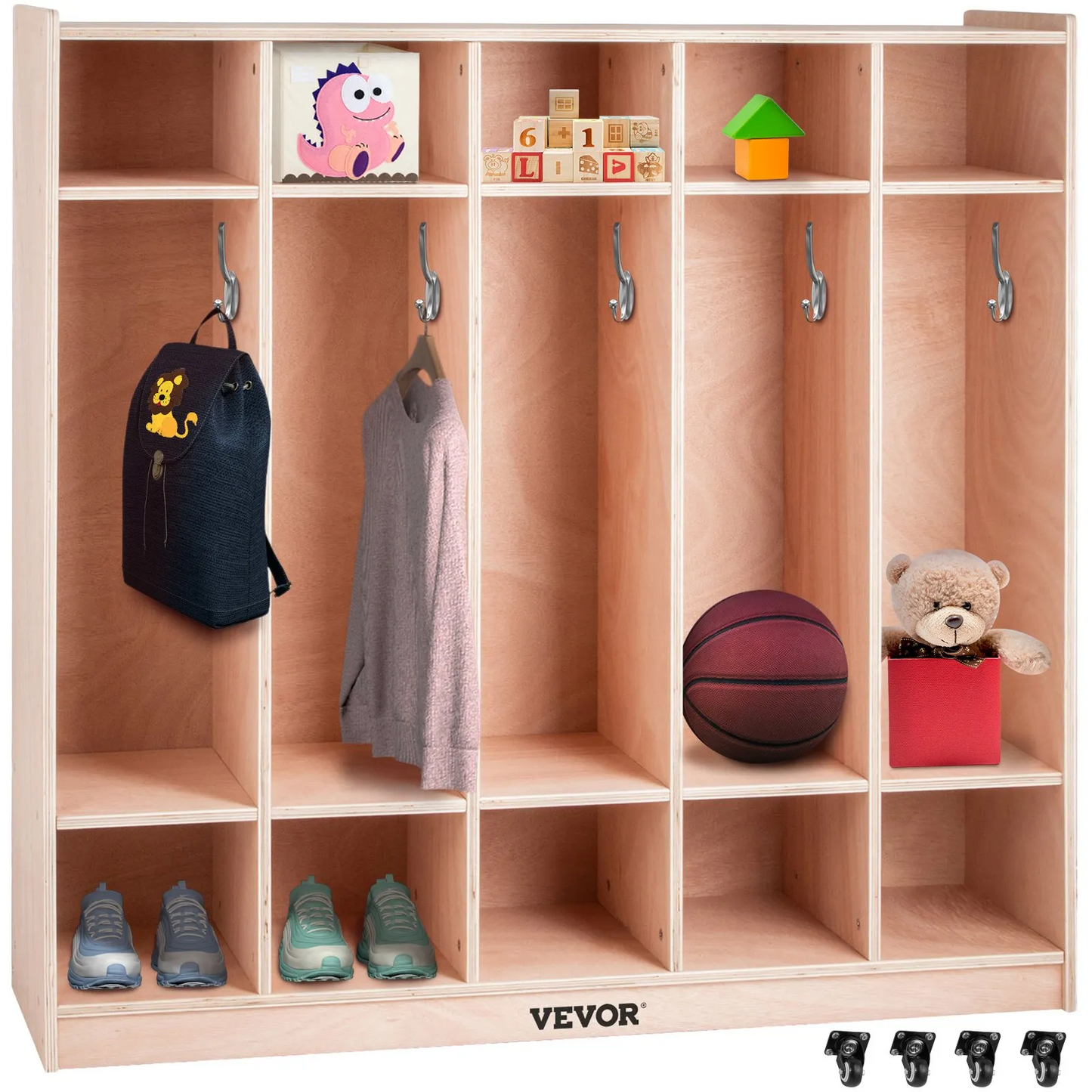 VEVOR Preschool Cubby Lockers 5-Section Plywood Birch Coat Locker 15MM Thickness Kids Locker for Home 48.4 In