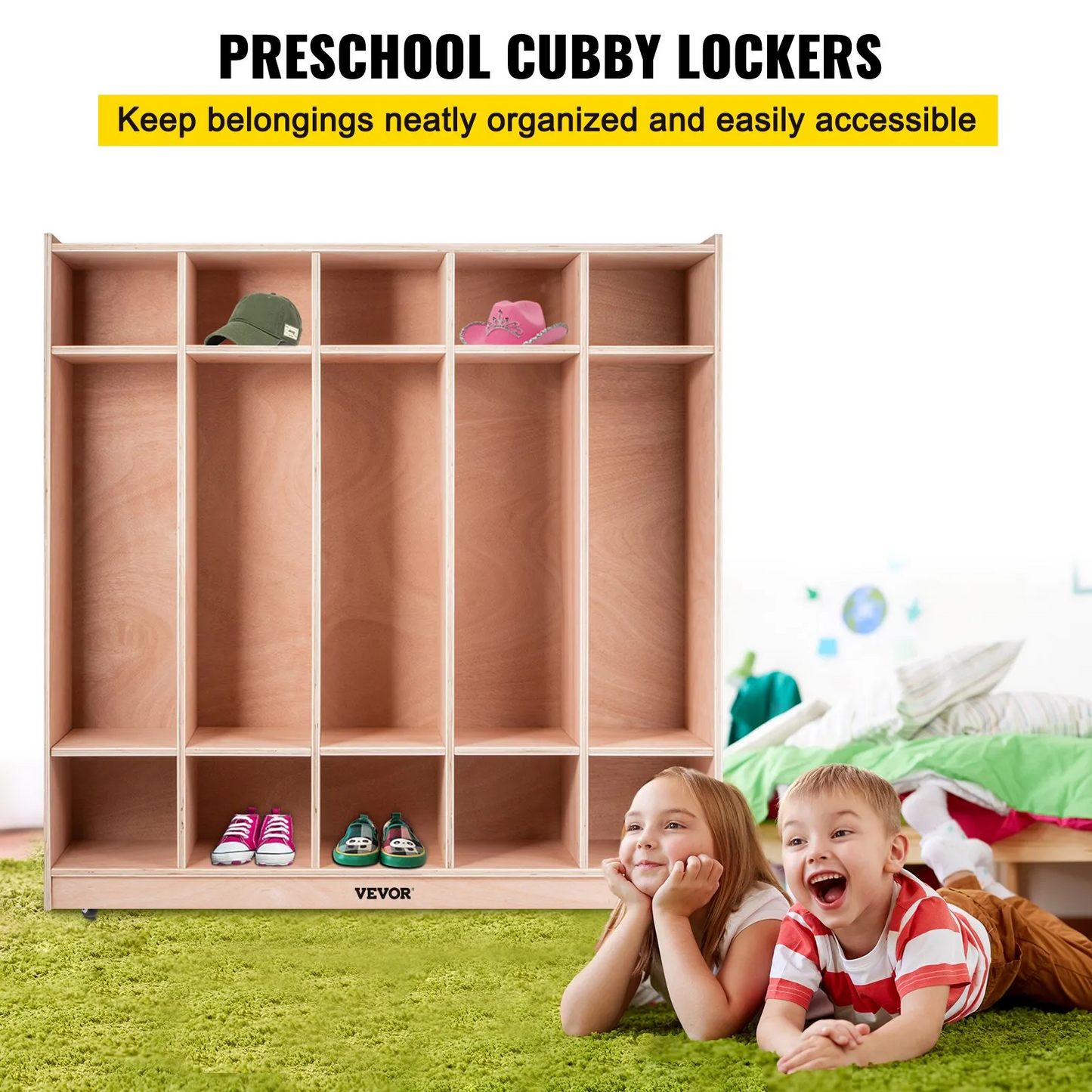 VEVOR Preschool Cubby Lockers 5-Section Plywood Birch Coat Locker 15MM Thickness Kids Locker for Home 48.4 In