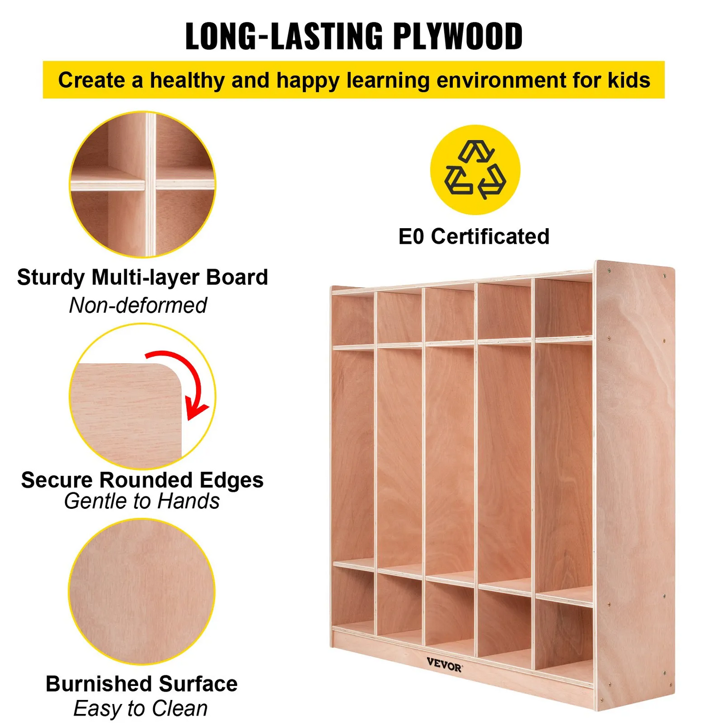 VEVOR Preschool Cubby Lockers 5-Section Plywood Birch Coat Locker 15MM Thickness Kids Locker for Home 48.4 In